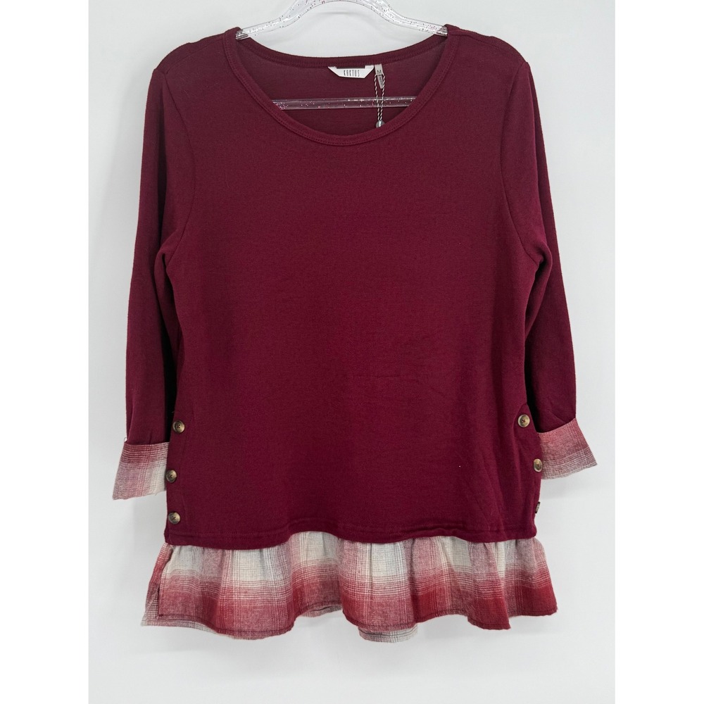 Kaktus Womens Burgundy Plaid Ruffle Hem Top Long Slv Scoop NEW Sz M Orig $38